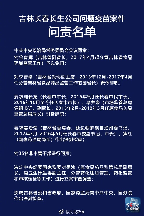 央視：中央政治局聽取長生疫苗門調查報告，嚴肅問責相關人員